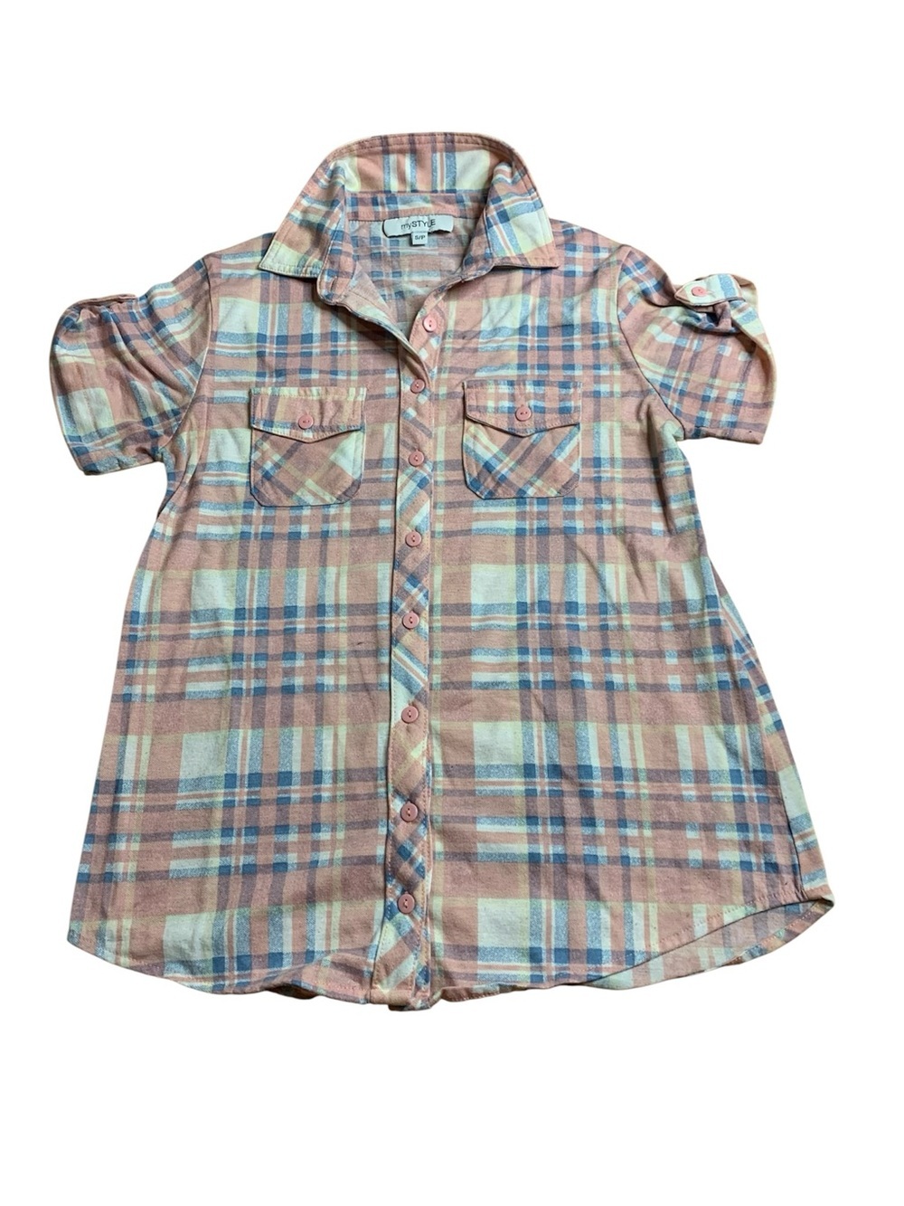 mySTYLE Pastel Plaid Short Sleeve Button-Down Shirt – Size S/P